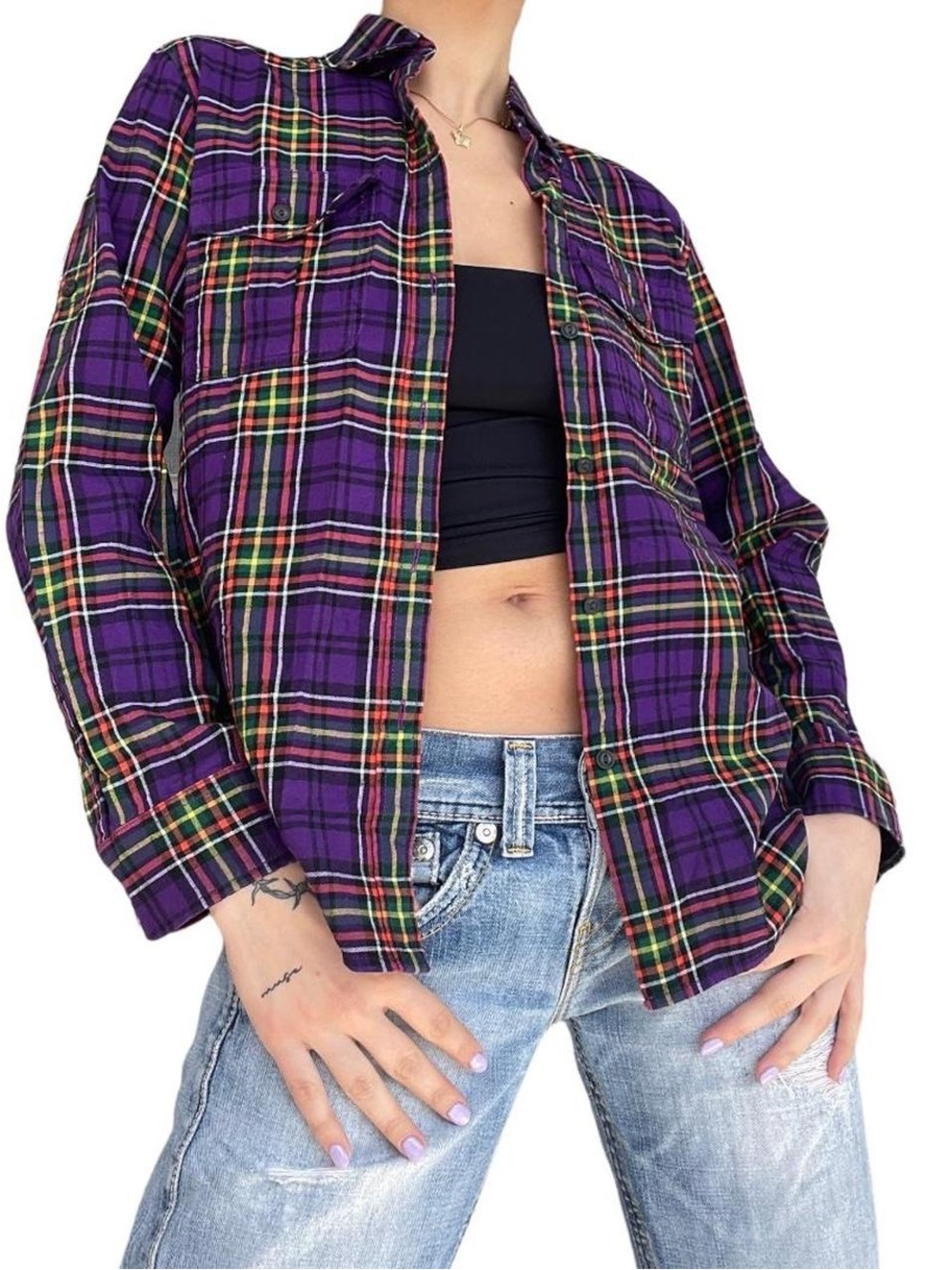 LRL Lauren Ralph Lauren Jeans Co. Purple Plaid Button-Up Shirt Blouse Size XL
